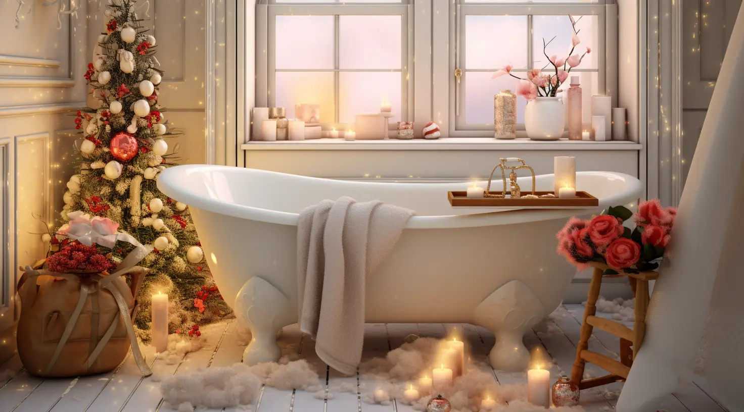 A bathroom with a christmas tree and candles.