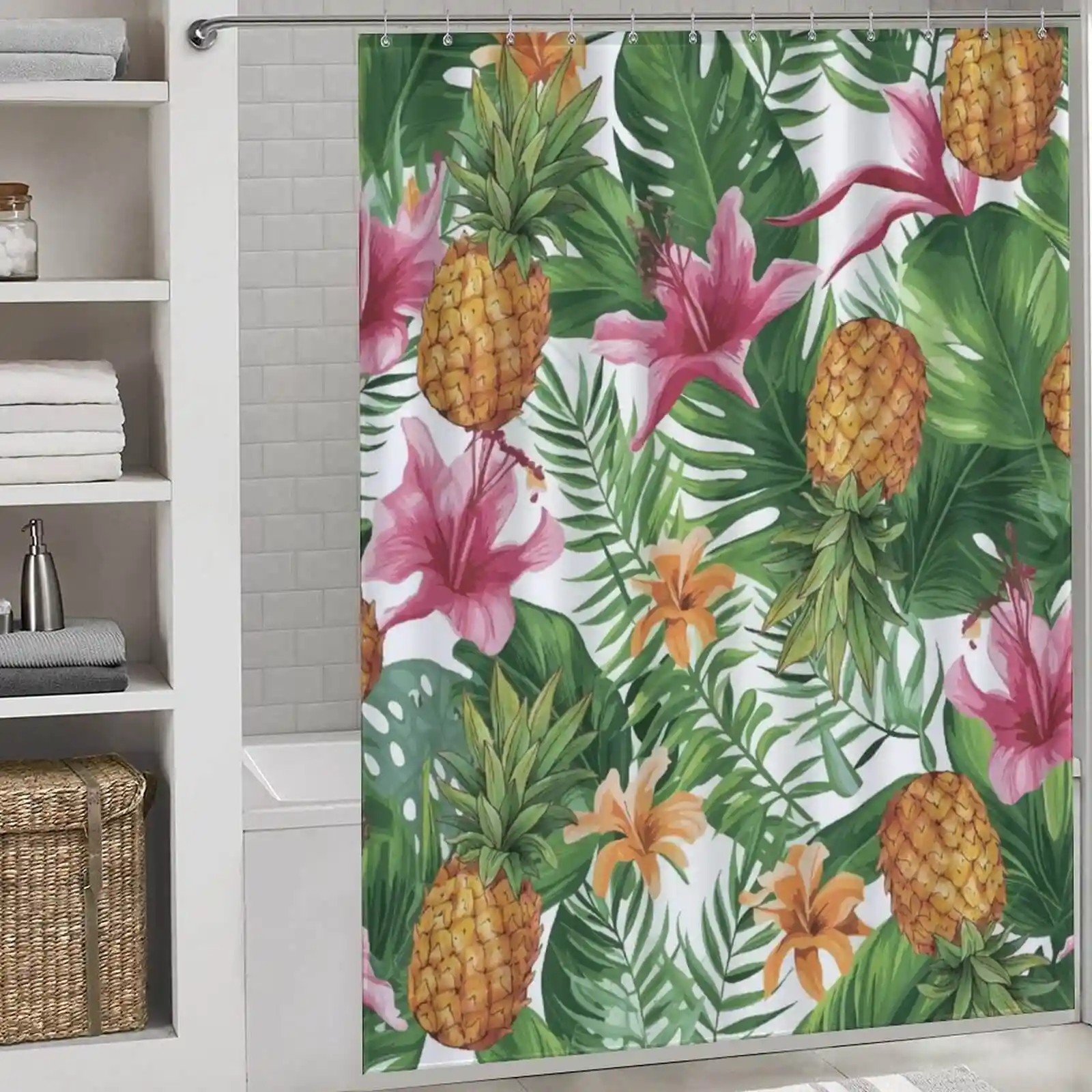 Pineapple shower curtain for white bathroom
