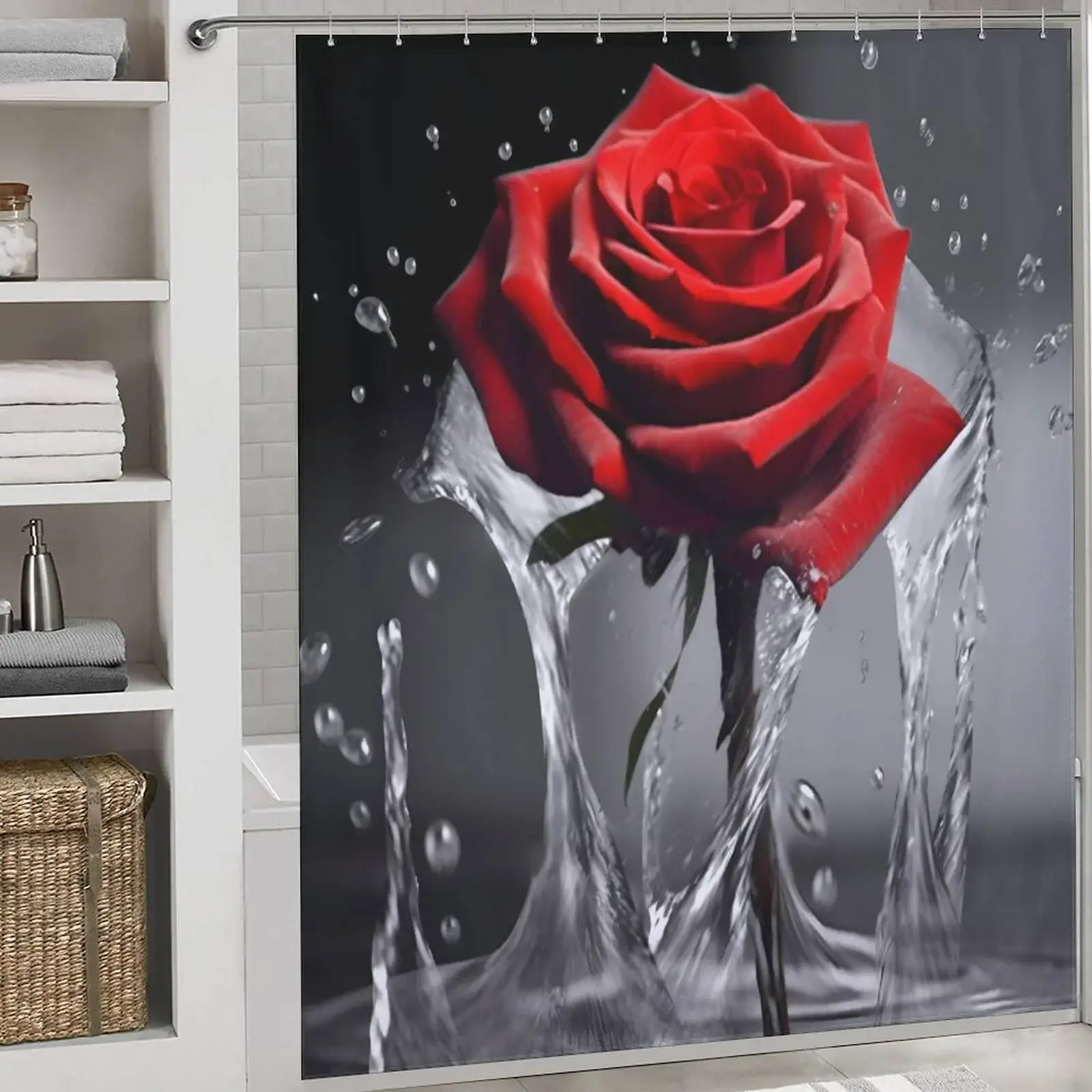 3D red rose shower curtain for white bathroom