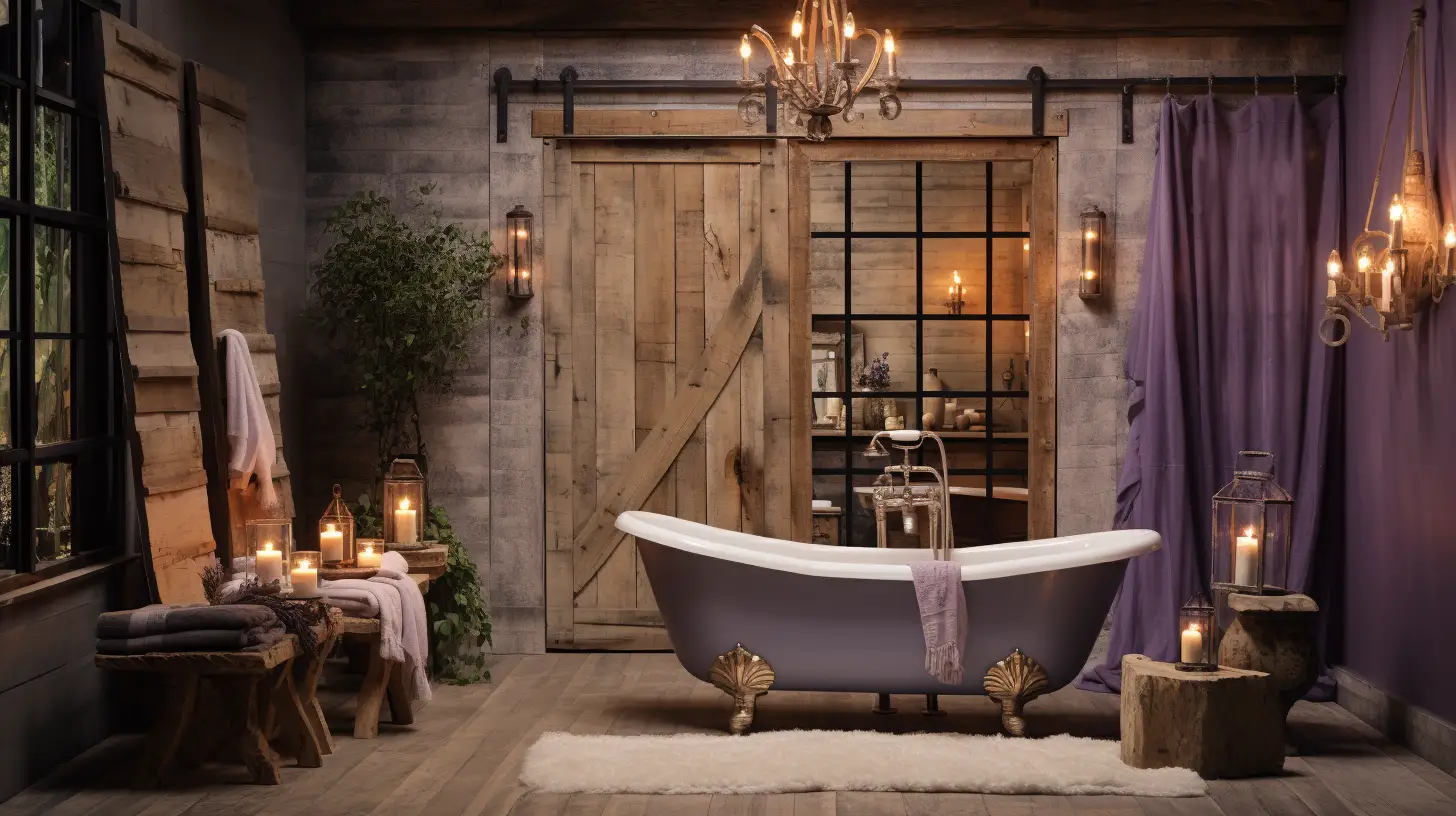 A bathroom with purple curtains and a wooden bathtub.