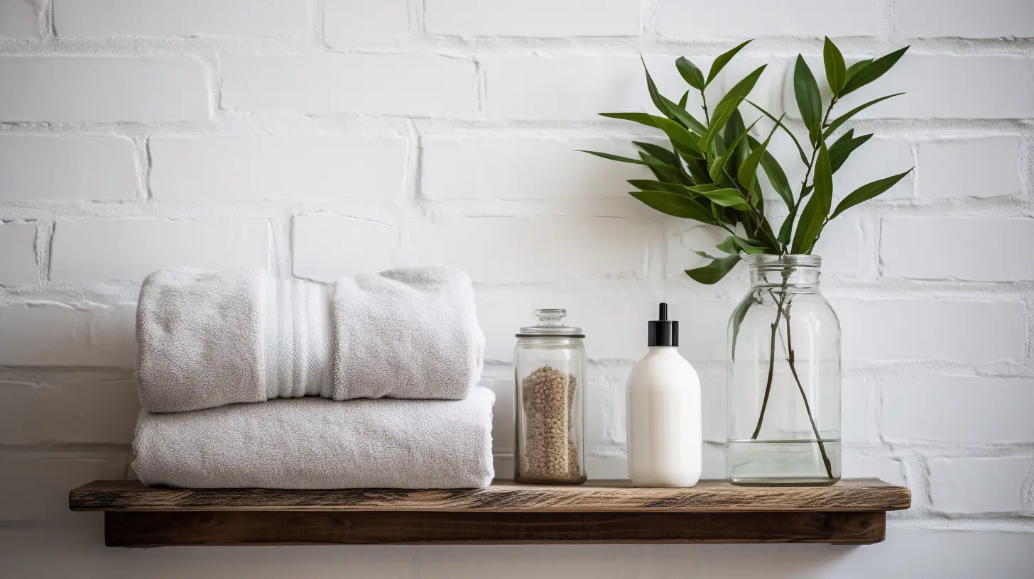 A wooden shelf with towels, a bottle and a plant.
