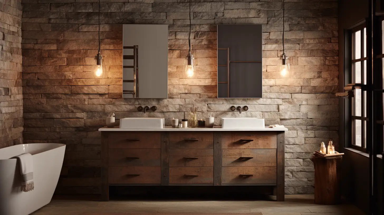 A bathroom with a stone wall and wooden fixtures.