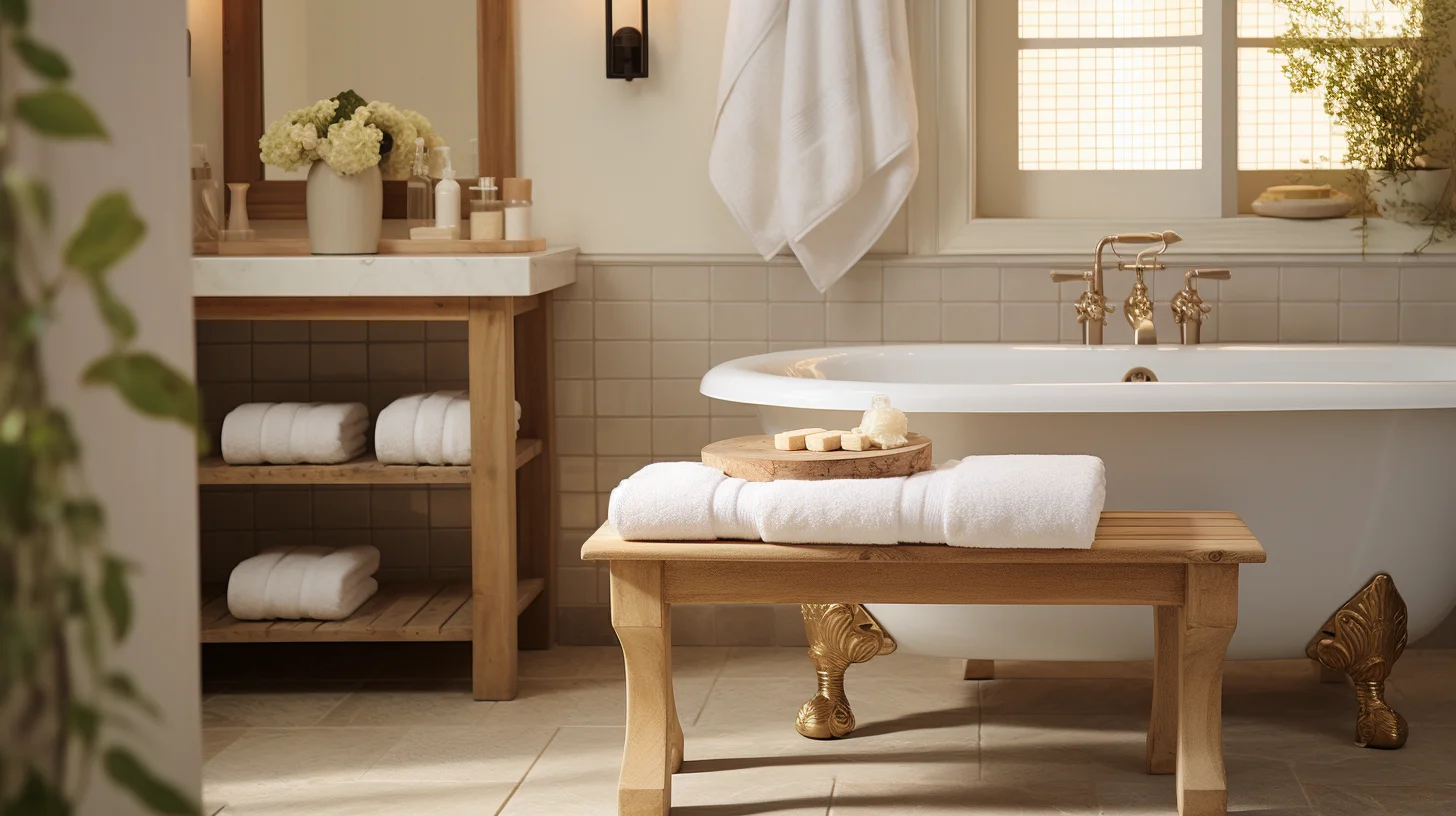 A bathroom with a white tub and wooden bench.