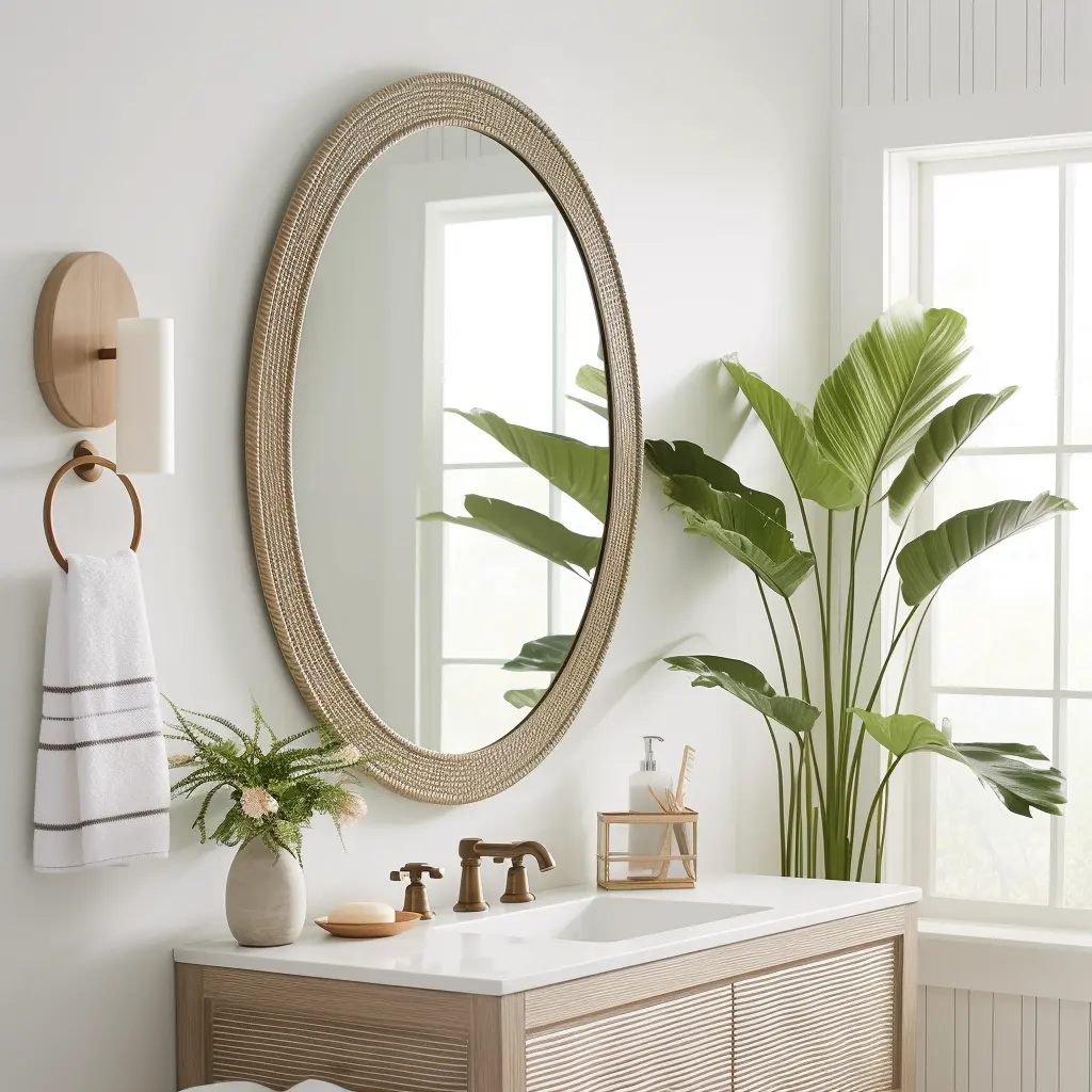 A bathroom with a wooden vanity and a round mirror.