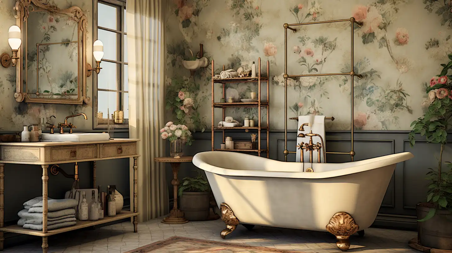 An ornate bathroom with floral wallpaper and a bathtub.