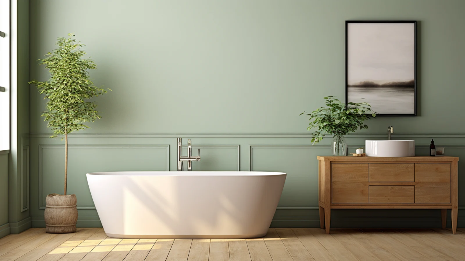 Sage green bathroom decor ideas: A bathroom with green walls and a white bathtub.
