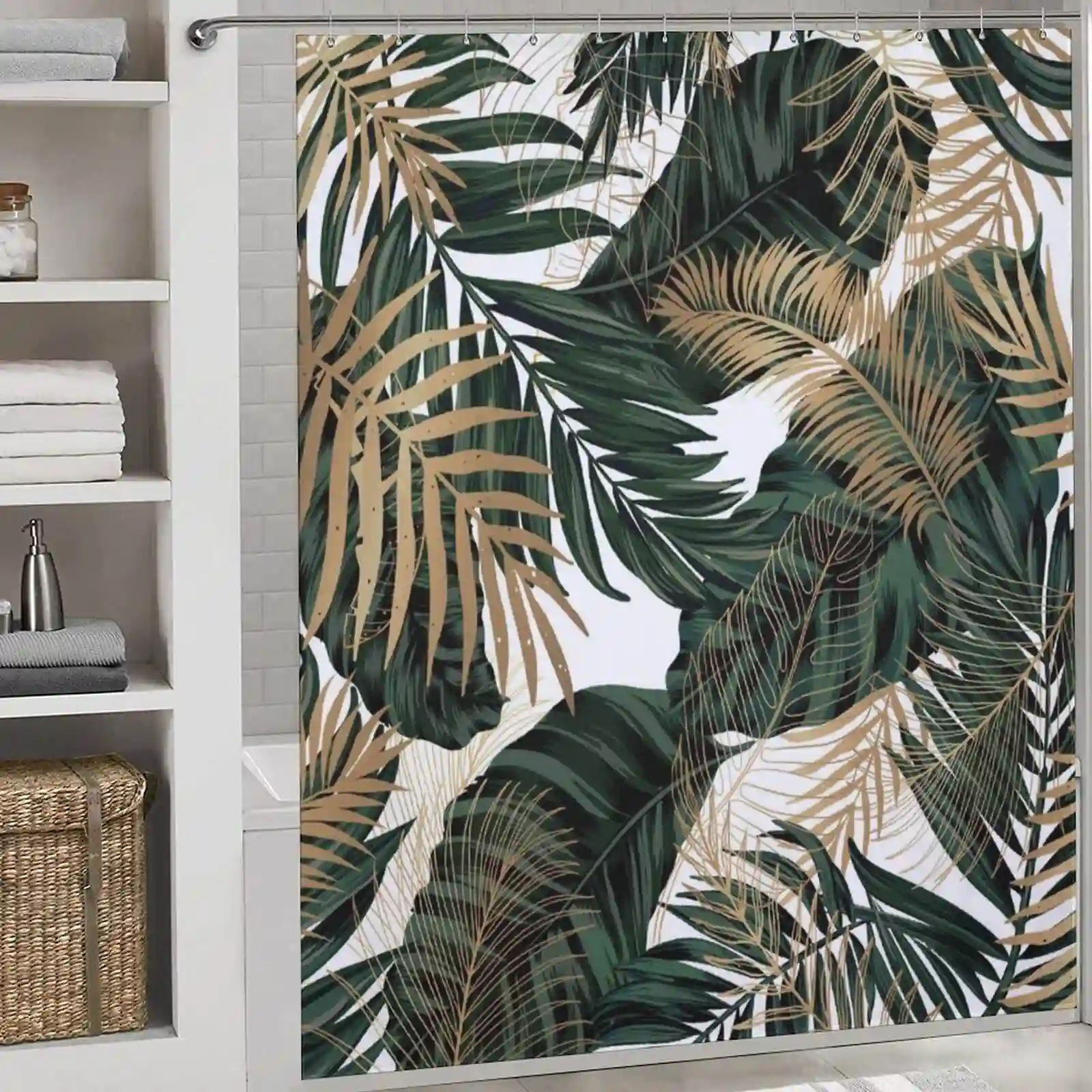 Sage green bathroom decor ideas: A shower curtain with a pattern of leaves.