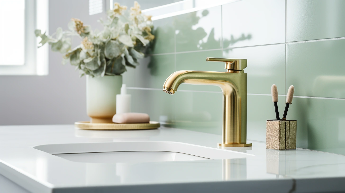 Sage green bathroom decor ideas: A gold faucet on a counter.