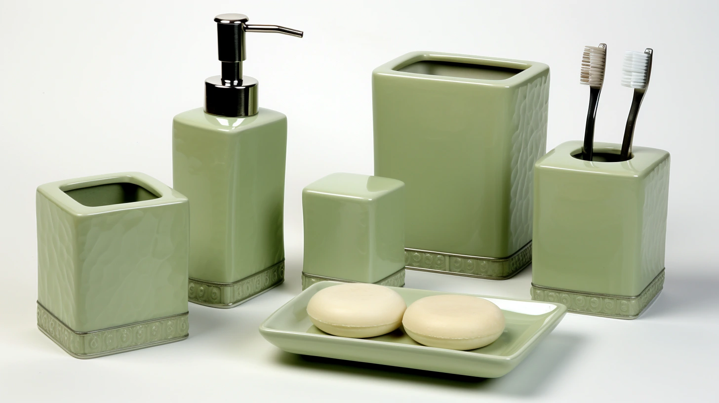 Sage green bathroom decor ideas: Green bathroom accessories with soap dispensers and toothbrushes.