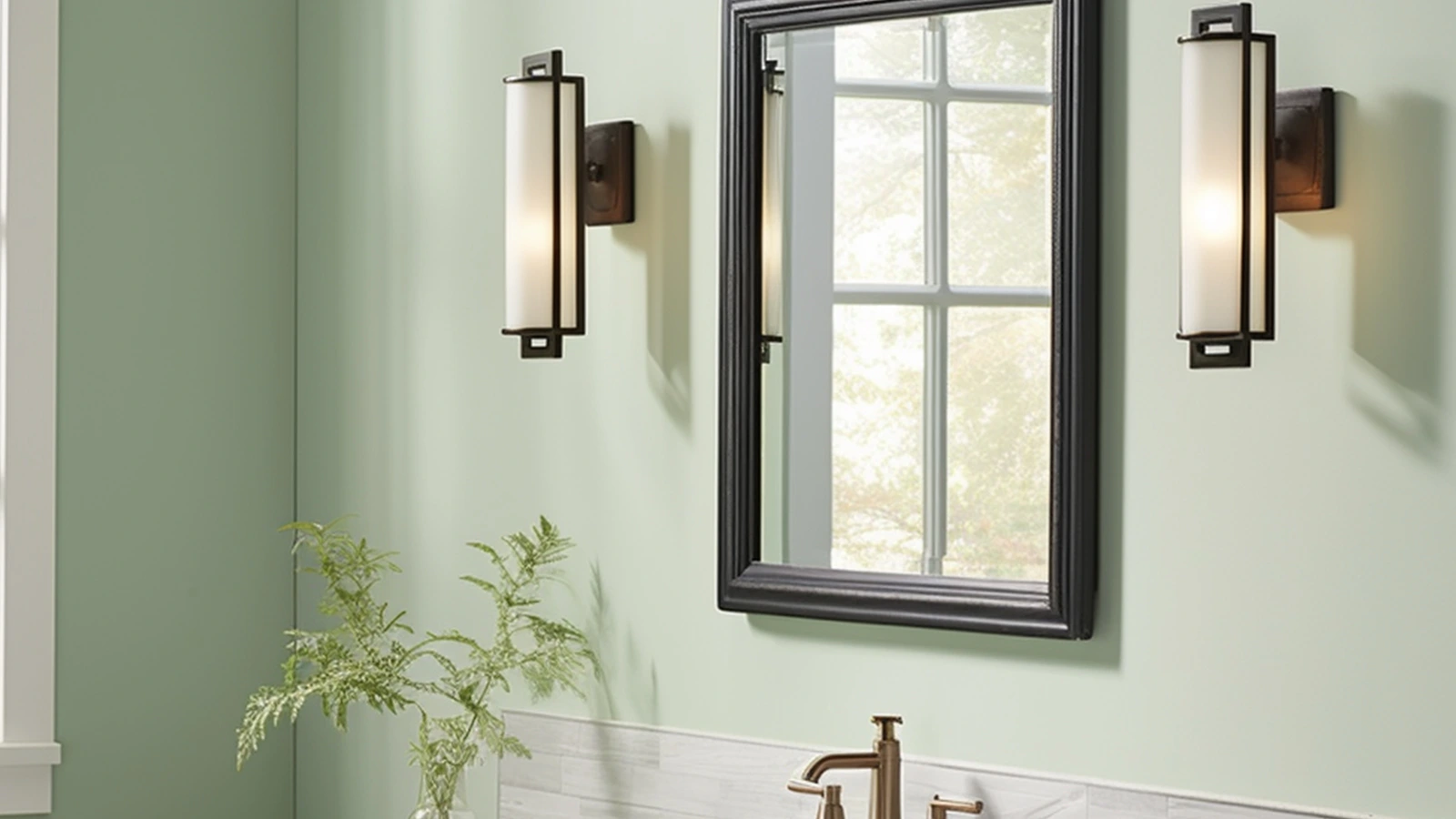 Sage green bathroom decor ideas: A bathroom with green walls and a mirror.