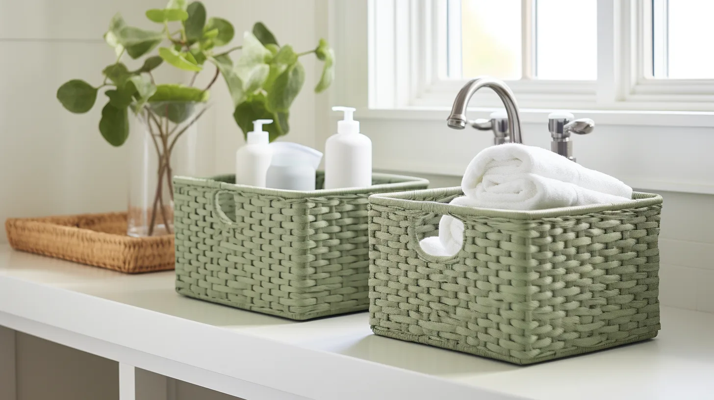 Sage green bathroom decor ideas: Two green wicker baskets on a bathroom counter.