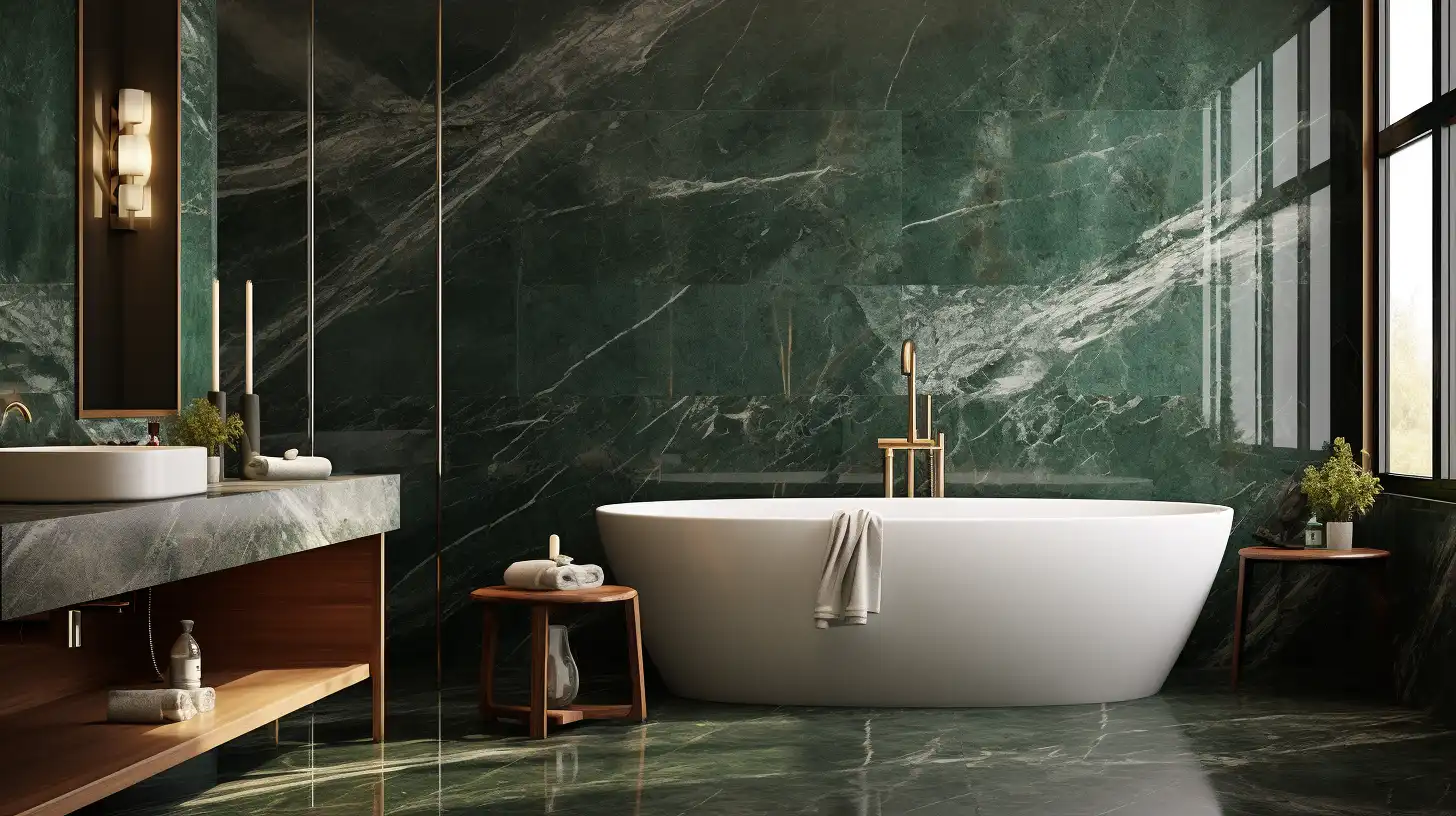 Sage green bathroom decor ideas: A bathroom with green marble walls and a bathtub.