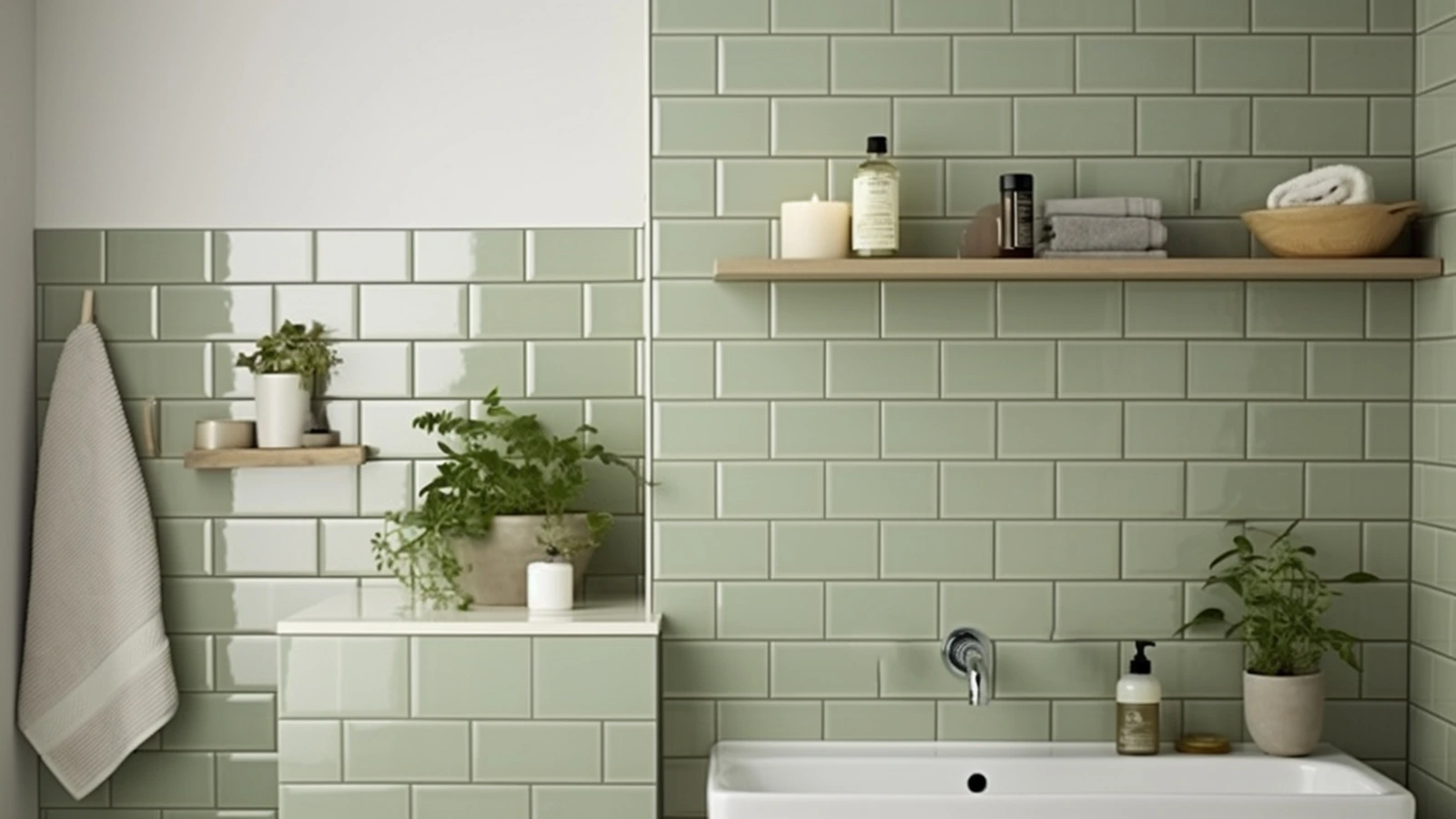 Sage green bathroom decor ideas: A bathroom with green tiles and a sink.