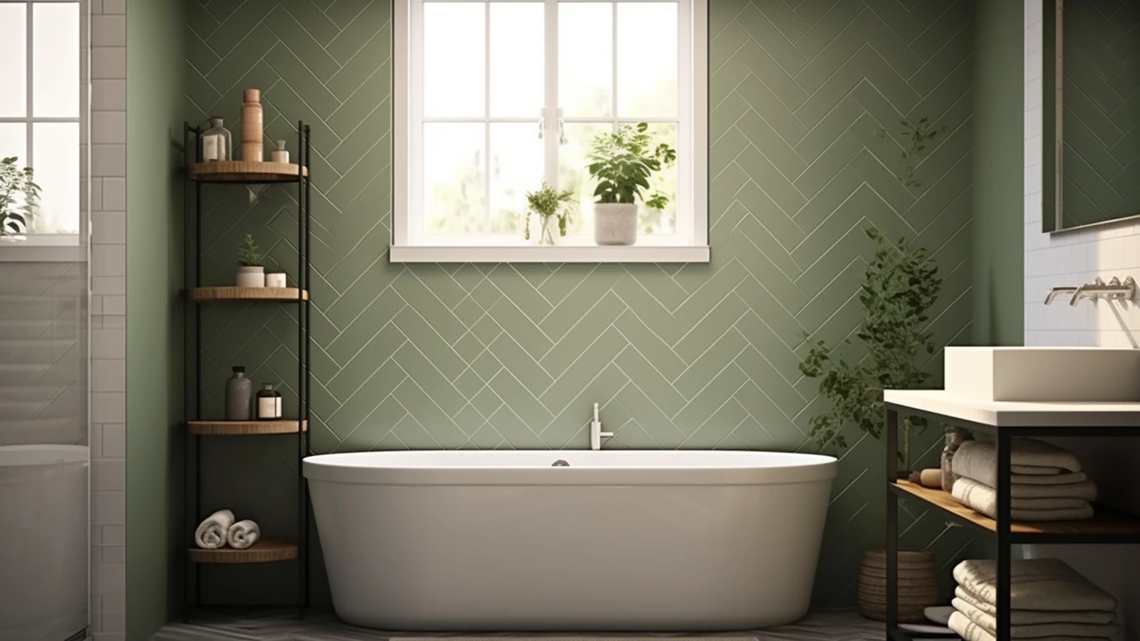 Sage green bathroom decor ideas: A bathroom with green walls and a bathtub.