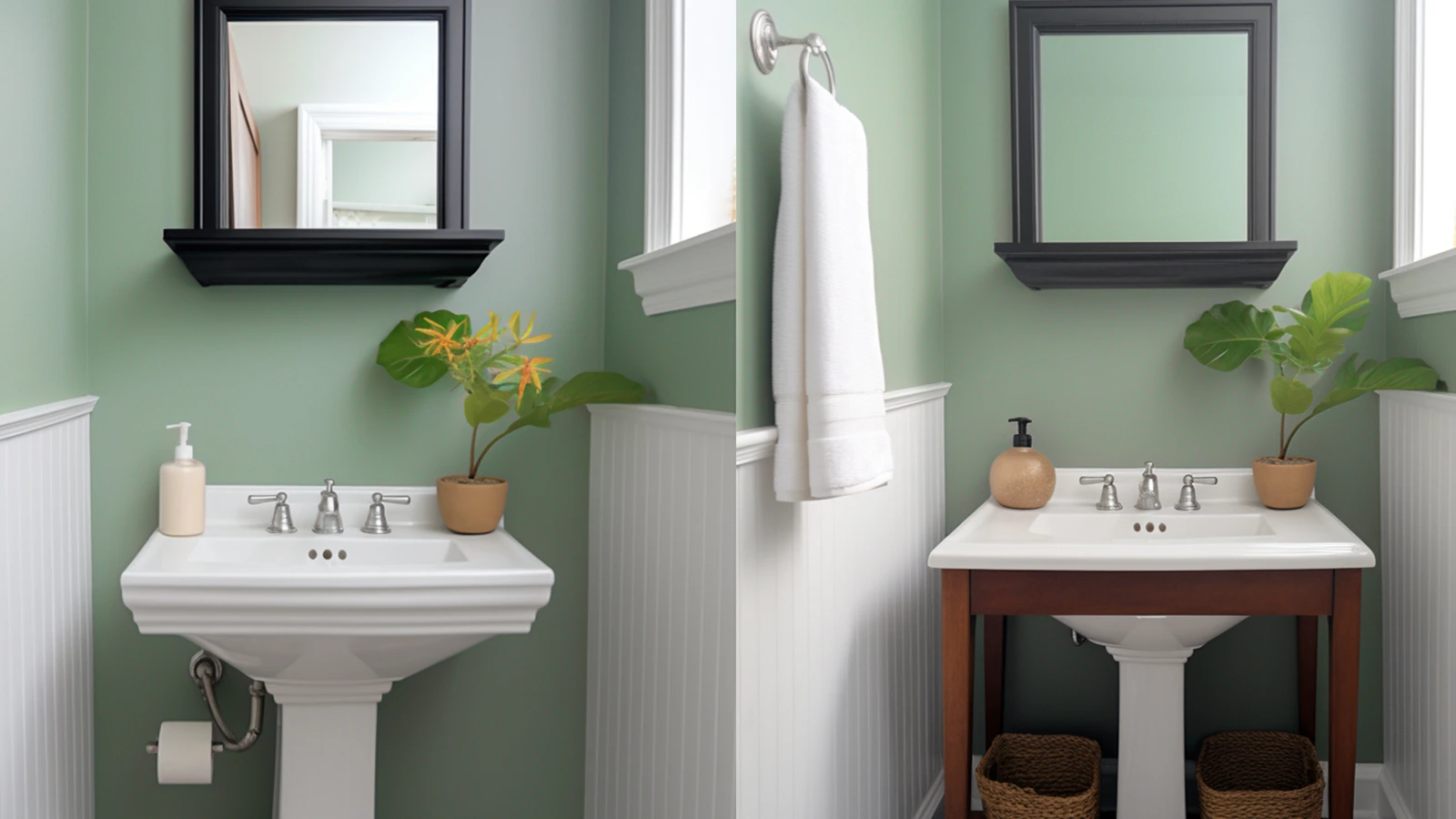 Sage green bathroom decor ideas: Two pictures of a bathroom with green walls and a sink.