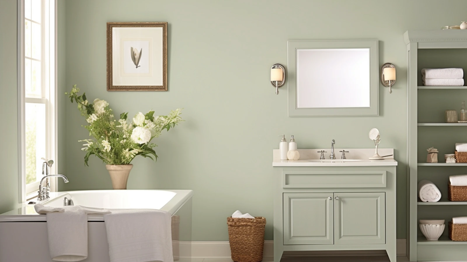 Sage green bathroom decor ideas: A bathroom with green cabinets and a sink.