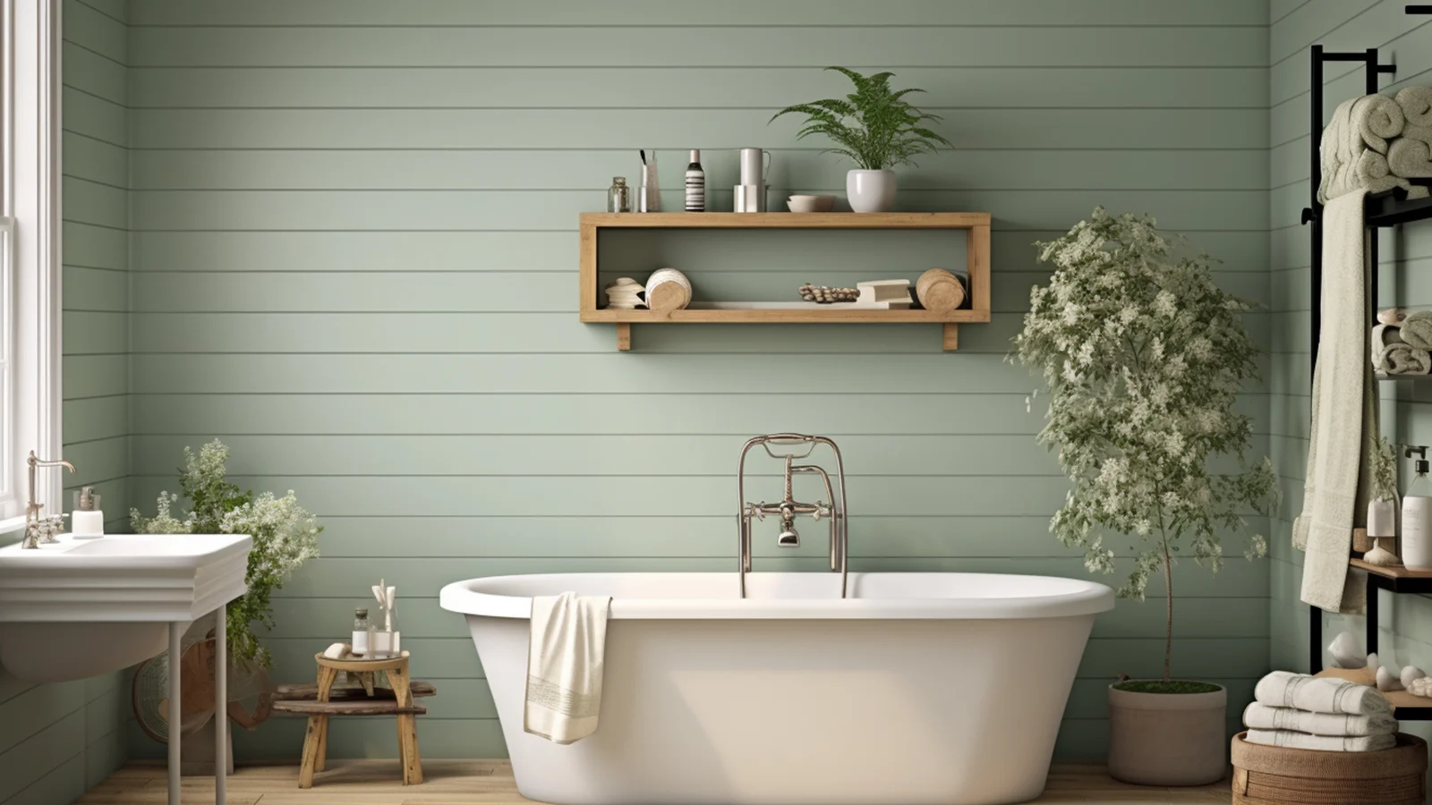 Sage green bathroom decor ideas: A bathroom with green walls and a bathtub.