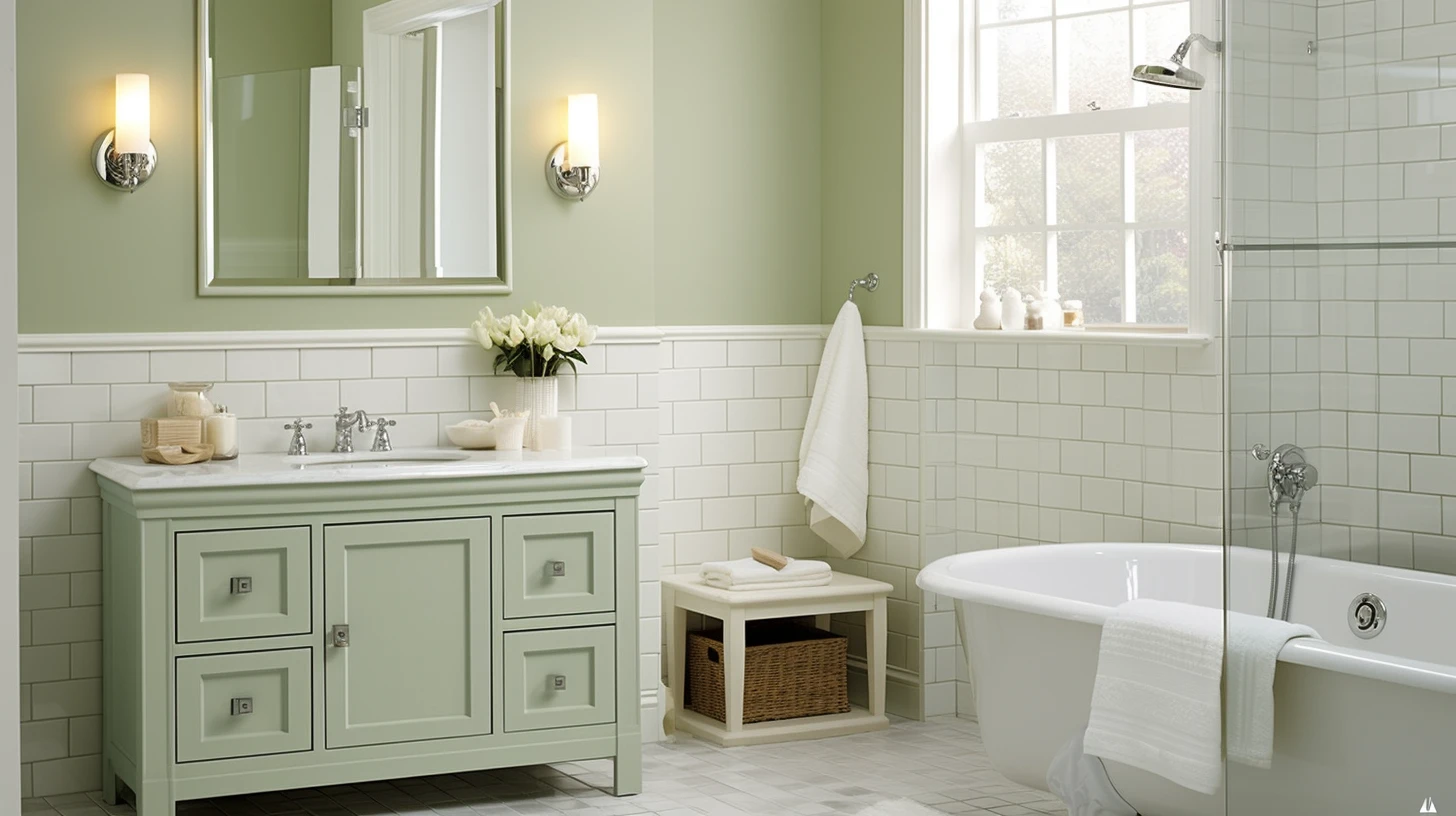 Sage green bathroom decor ideas: A bathroom with green walls and white furniture.