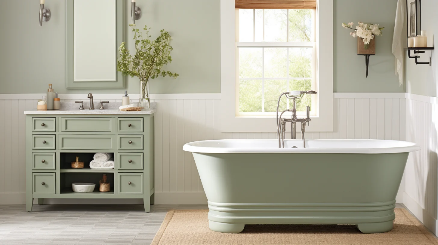 Sage green bathroom decor ideas: A bathroom with green walls and a green bathtub.