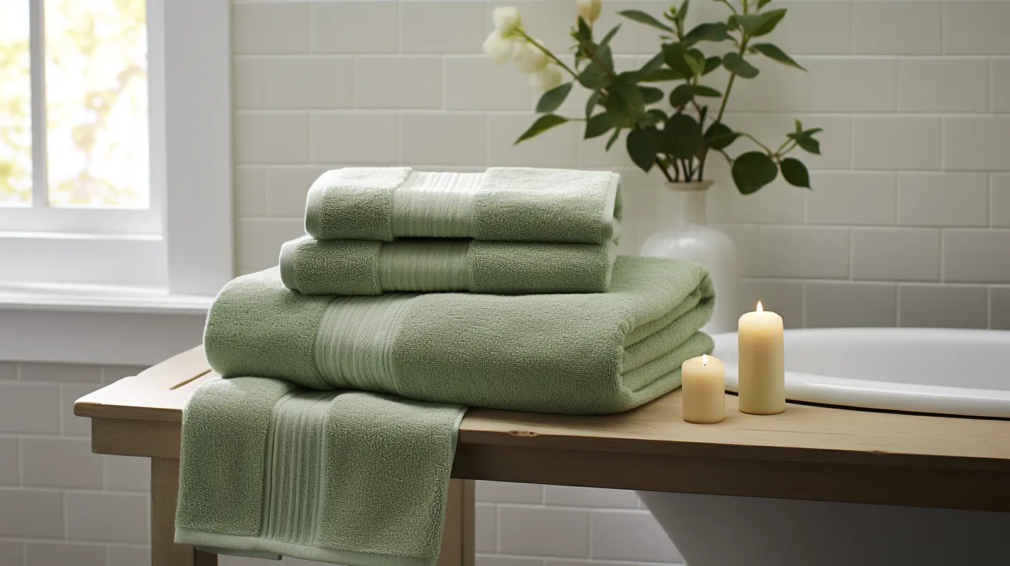 Sage green bathroom decor ideas: A stack of green towels on a wooden table.