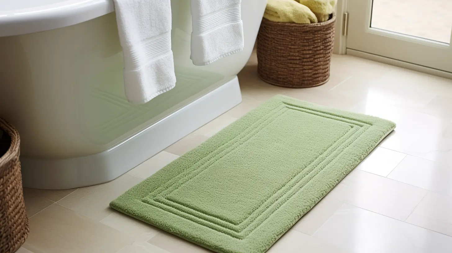 Sage green bathroom decor ideas: A green bath mat in front of a bathtub.