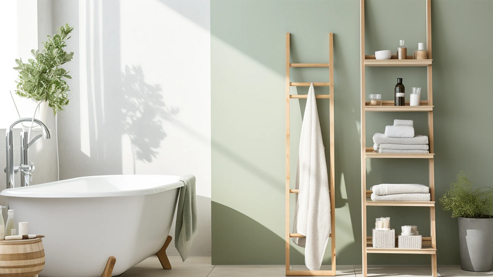 Sage green bathroom decor ideas: A bathroom with green walls and a wooden ladder.