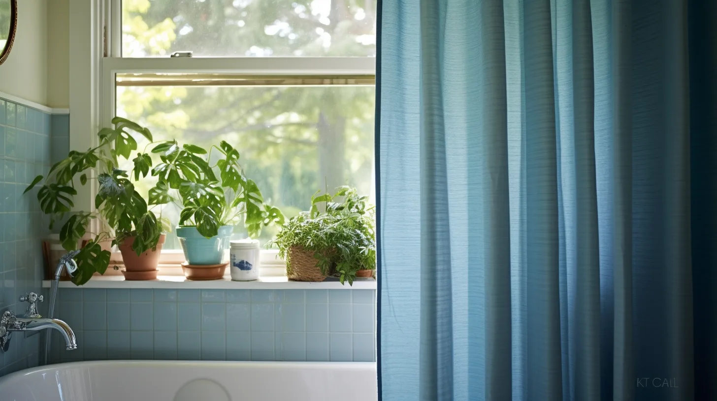 Should You Leave Shower Curtain Open or Closed? A bathroom with a blue shower curtain and potted plants.