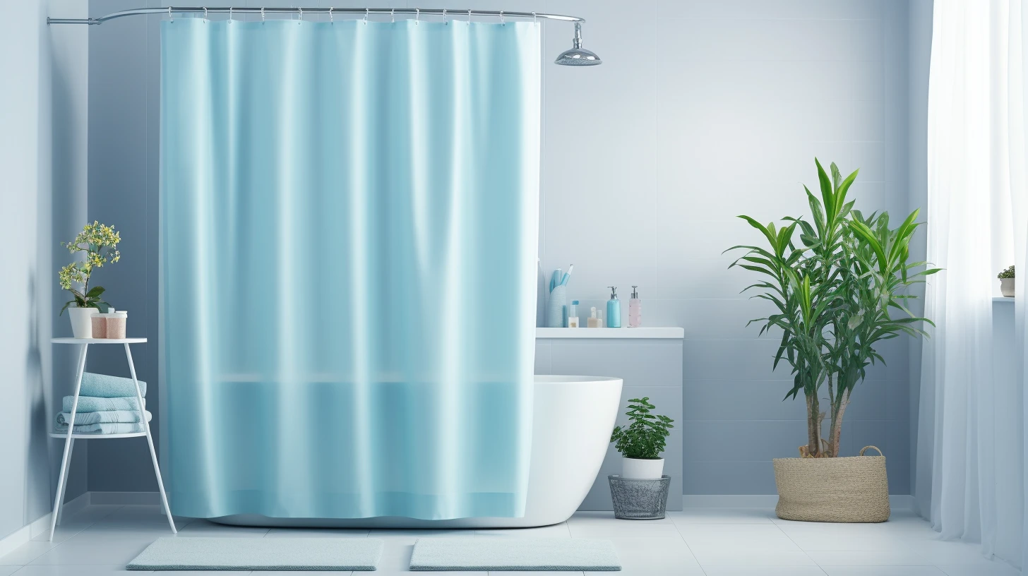 Should You Leave Shower Curtain Open or Closed? A bathroom with a blue shower curtain and a potted plant.