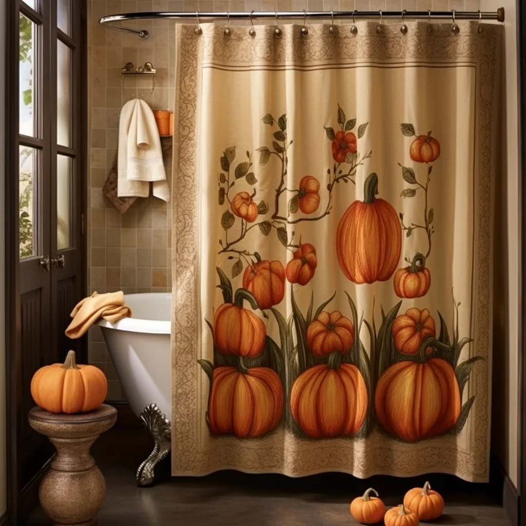 Should You Leave Shower Curtain Open or Closed? A bathroom with a shower curtain decorated with pumpkins.
