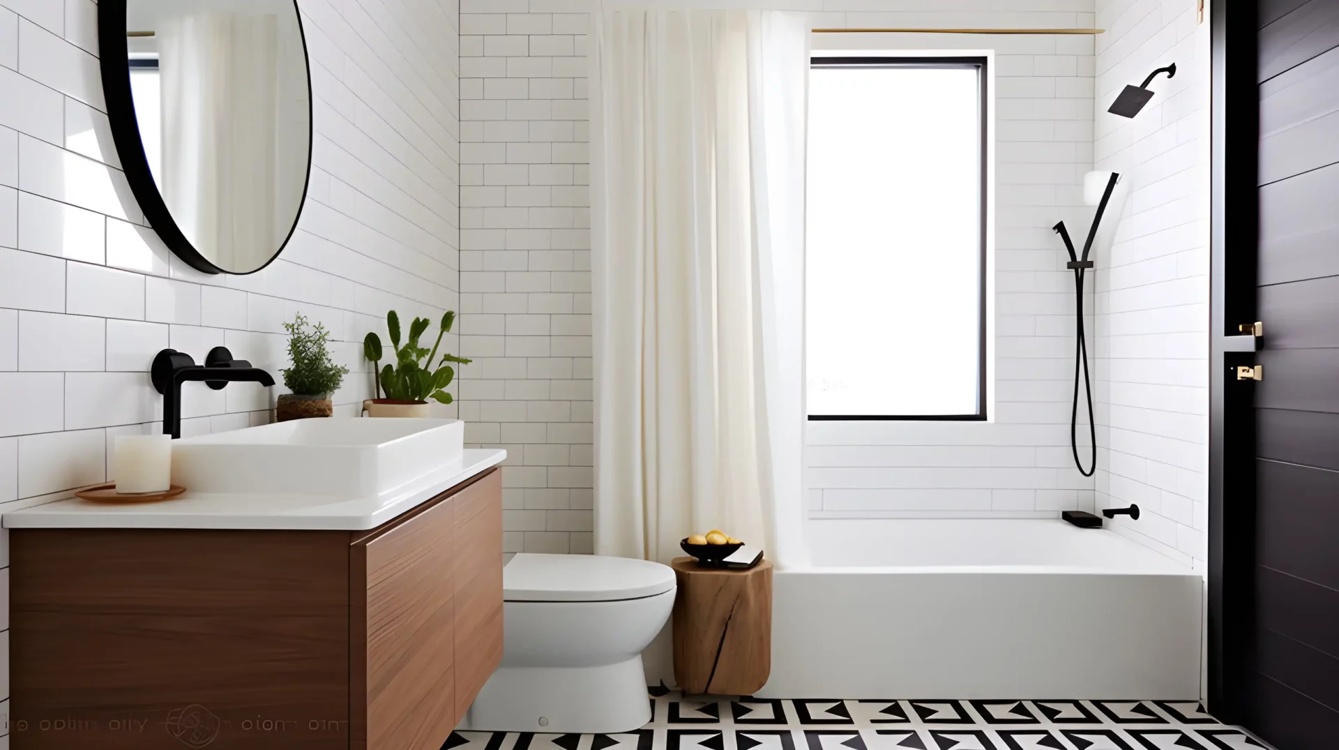 Should You Leave Shower Curtain Open or Closed? A bathroom with a black and white tiled floor.