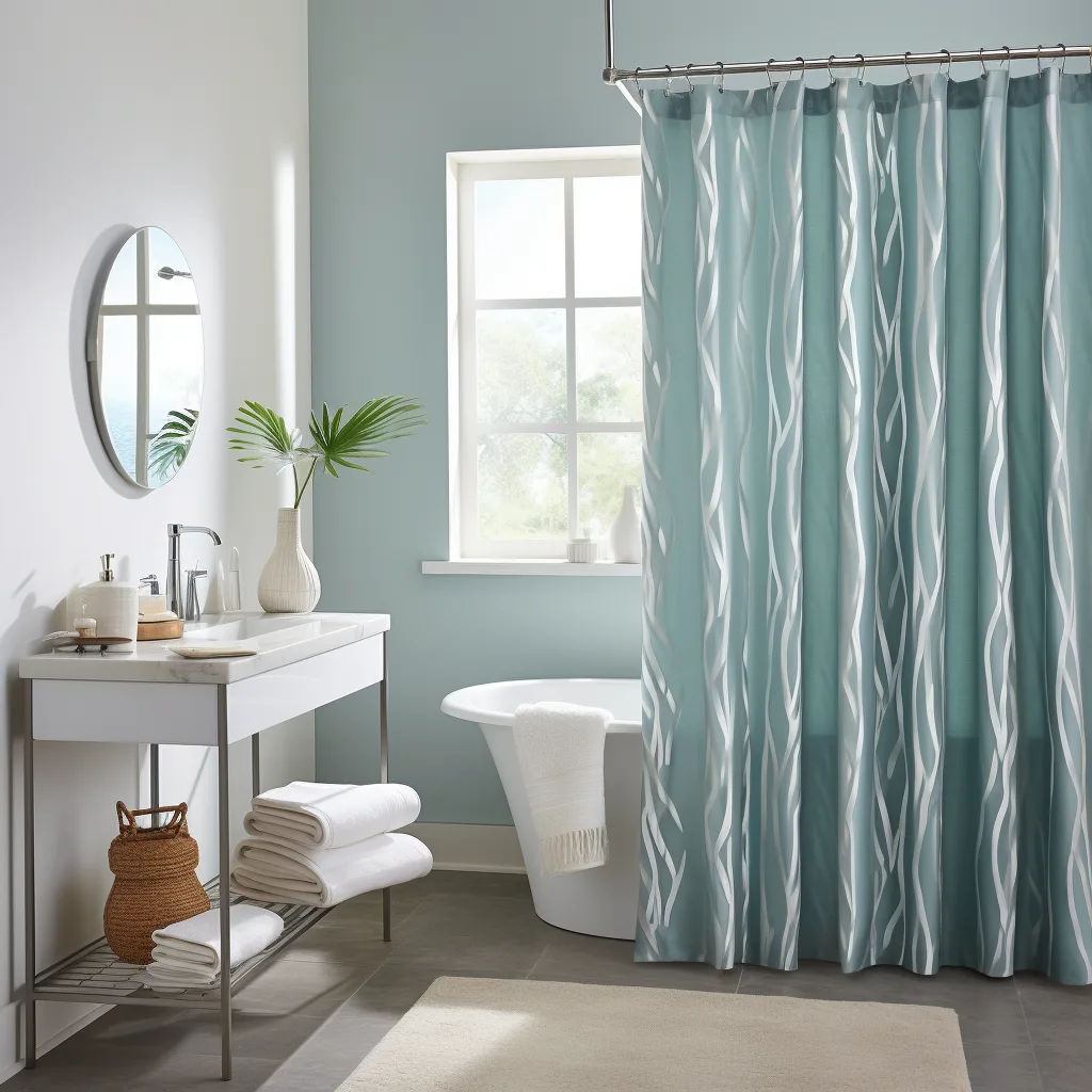 bathroom hangs a blue shower curtain in the style of subtle color gradations can serve as shower curtain size guide