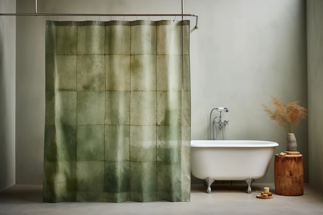 A square green curtain hangs on the bathroom wall can serve as a shower curtain size guide