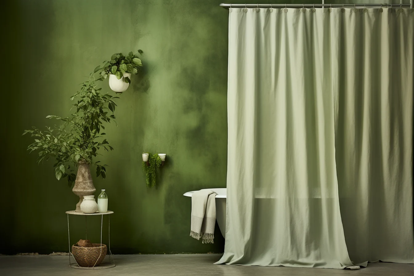 A long green curtain hangs on the bathroom wall can serve as a shower curtain size reference