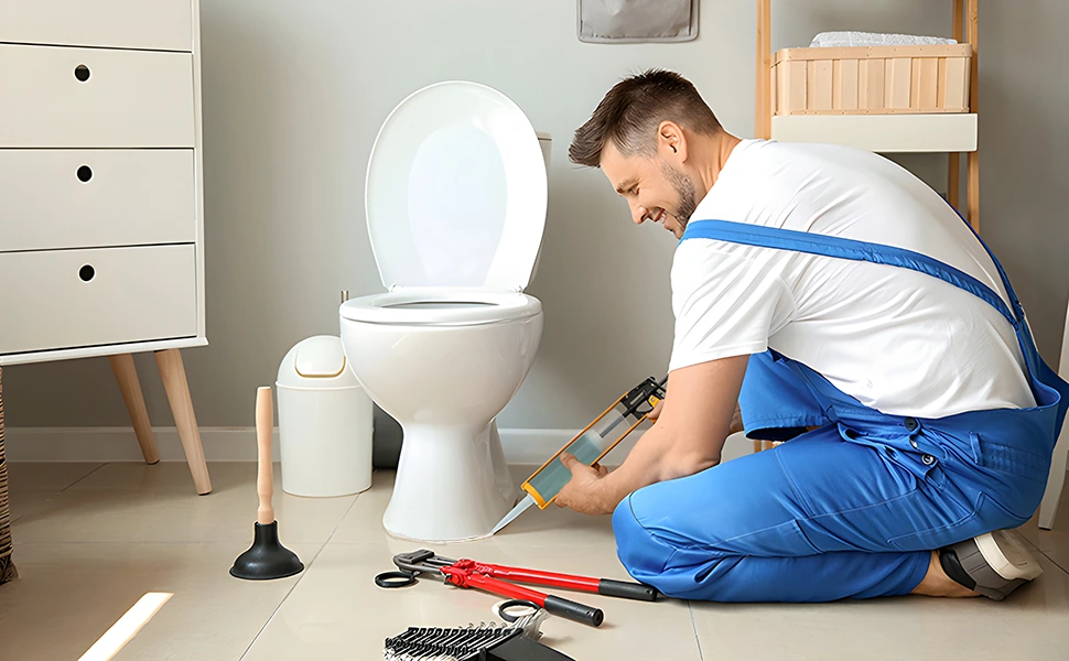 A man fixing a toilet in a bathroom.