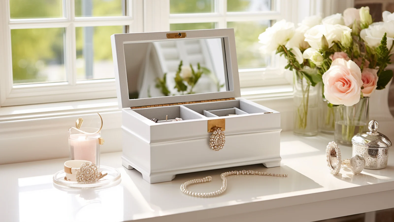 Small bathroom counter decorating ideas: a white jewelry box sits on a window sill.