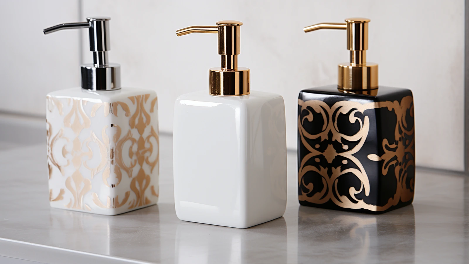 Small bathroom counter decorating ideas: three soap dispensers on a counter top.