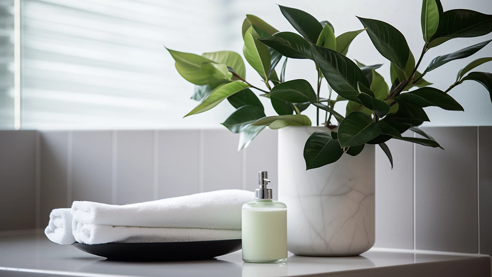 Small bathroom counter decorating ideas: a bathroom with a plant and a bowl of soap.