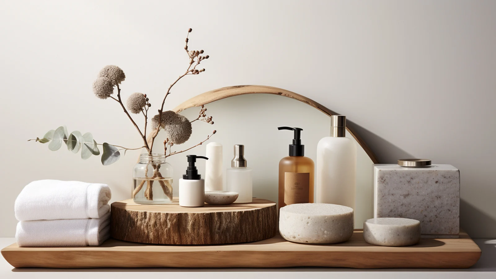 Small bathroom counter decorating ideas: a wooden shelf with soaps, lotions, and a mirror.
