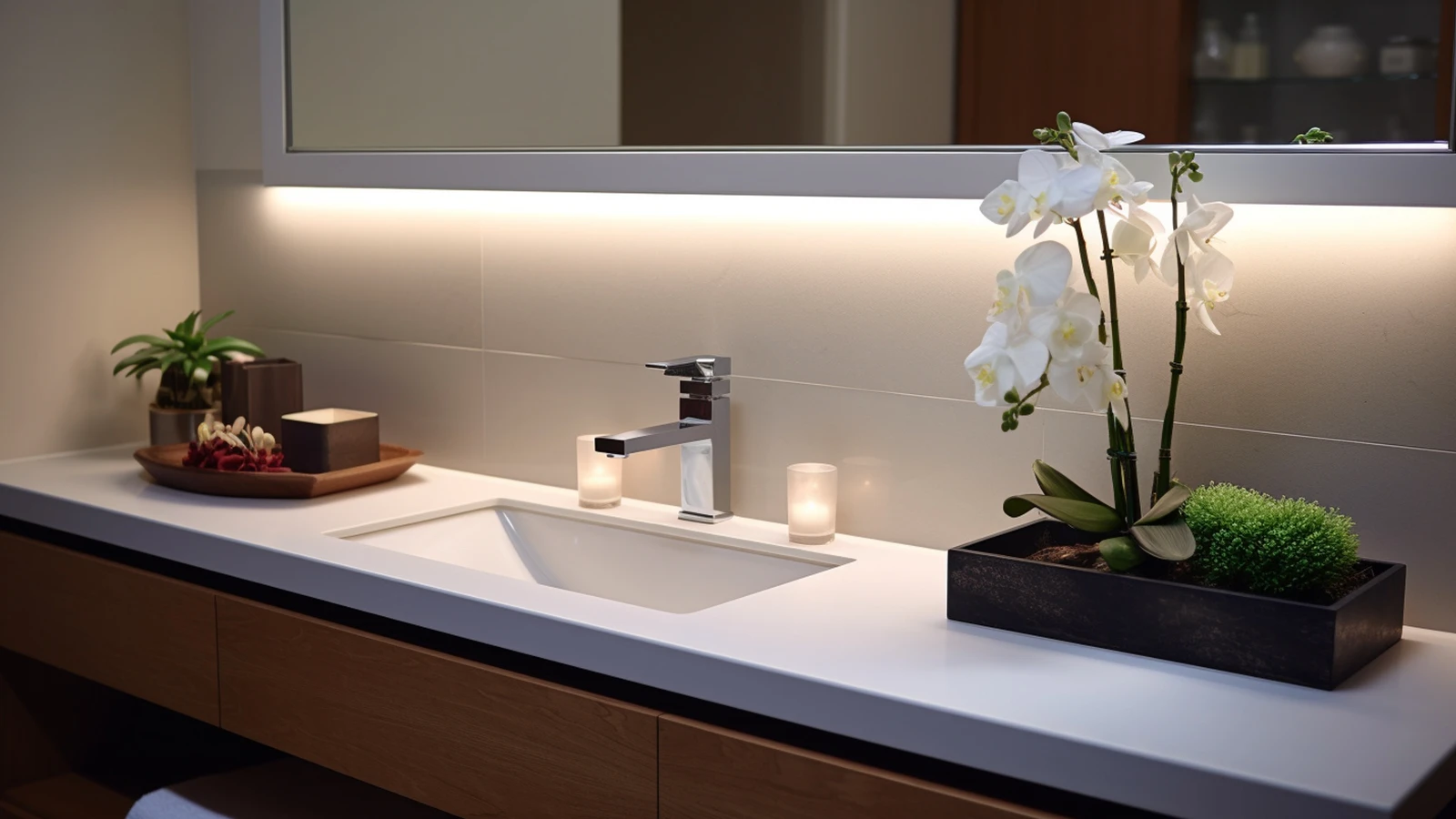 Small bathroom counter decorating ideas: a bathroom with a sink, mirror, and a plant.