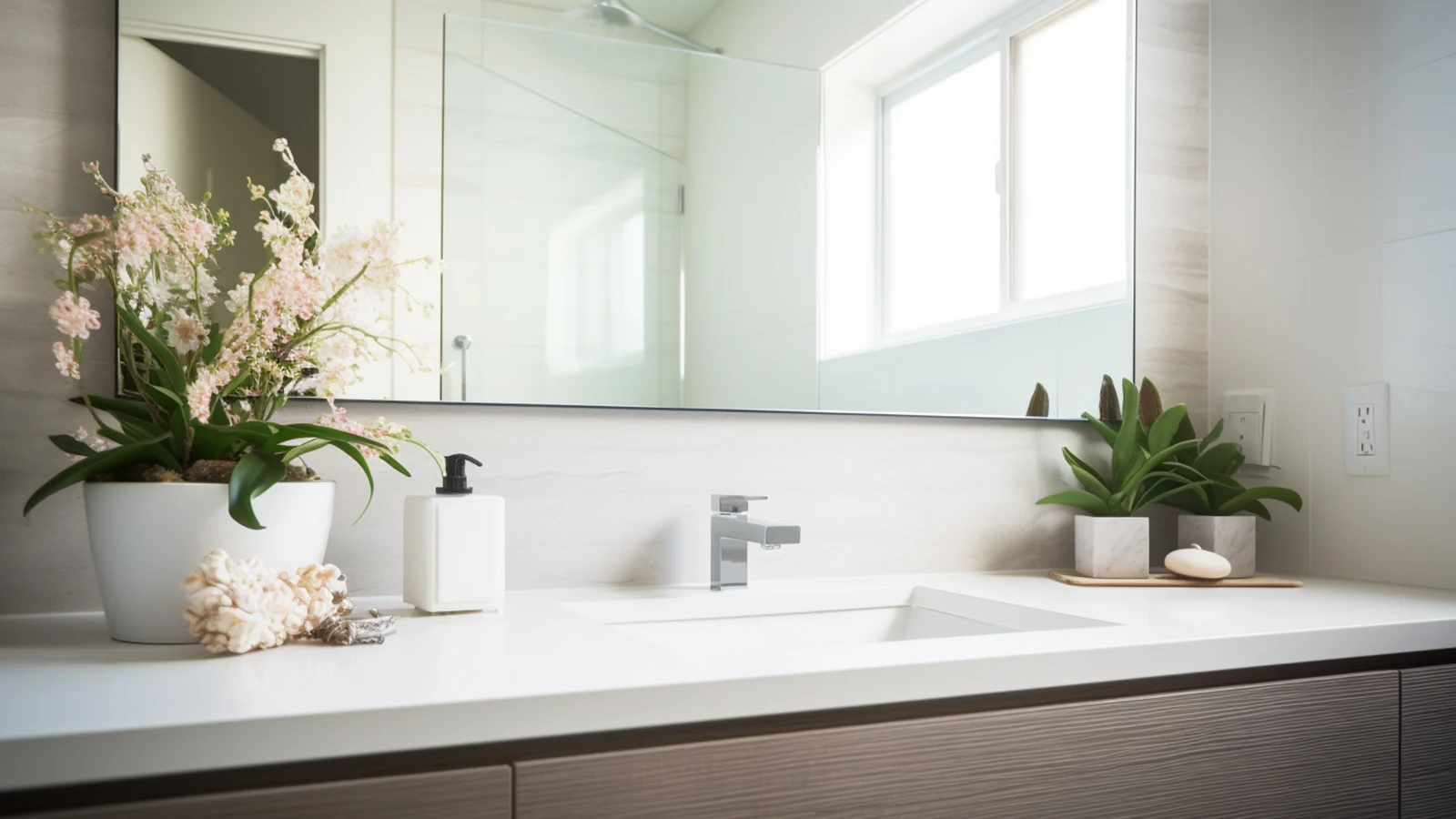 Small bathroom counter decorating ideas: a modern bathroom with a white sink and a mirror.