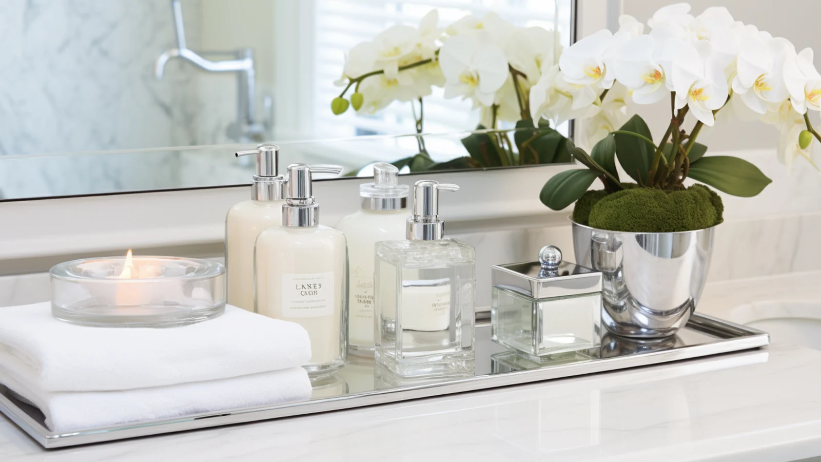 Small bathroom counter decorating ideas: a bathroom vanity with a tray of lotions, soaps, and flowers.