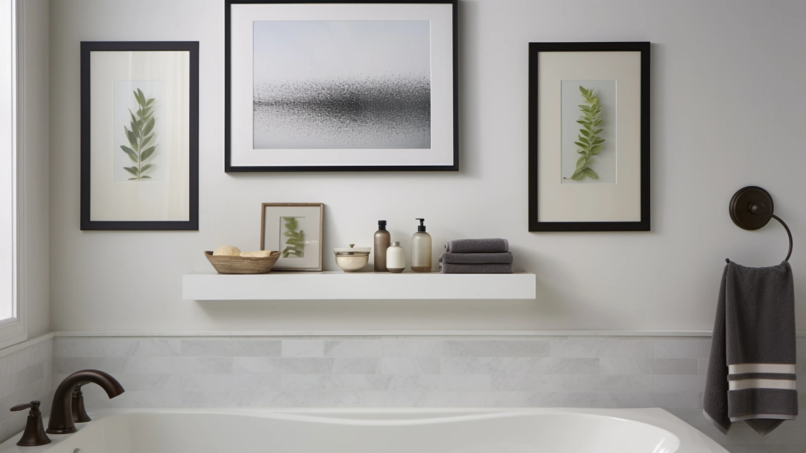 Small bathroom counter decorating ideas: a bathroom with two framed pictures above a bathtub.