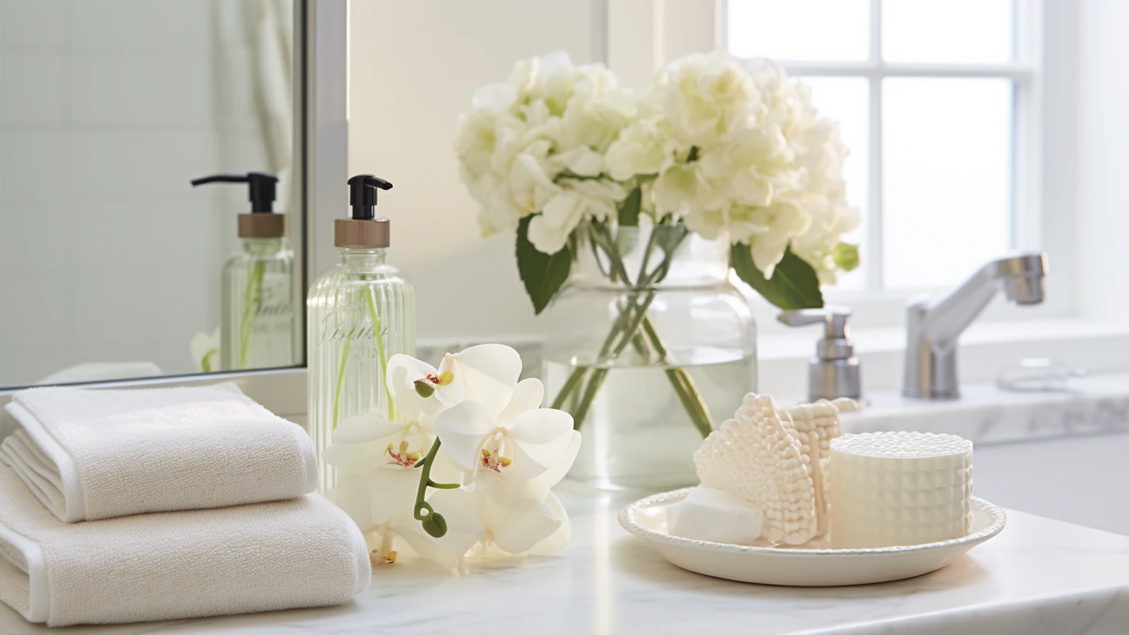 Small bathroom counter decorating ideas: a bathroom with white towels, soap, and a mirror.