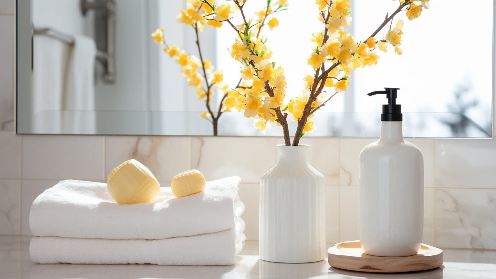 Small bathroom counter decorating ideas: a bathroom with white towels and a vase of yellow flowers.