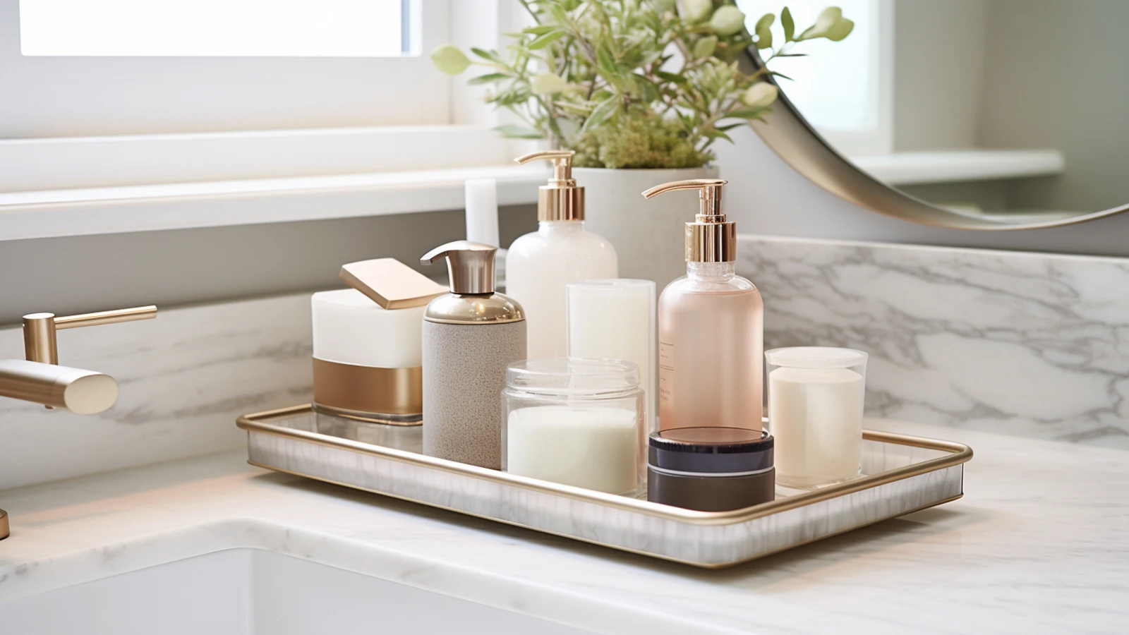 Small bathroom counter decorating ideas: a bathroom with a tray full of soaps and lotions.