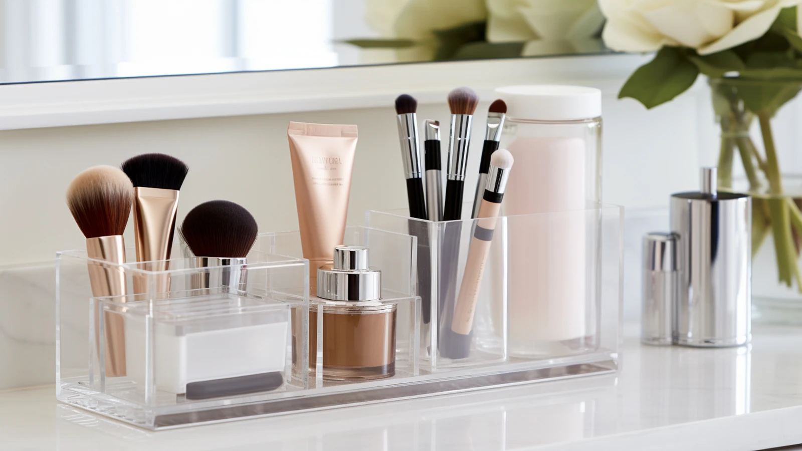 Small bathroom counter decorating ideas: a vanity with makeup brushes and a vase on the counter.