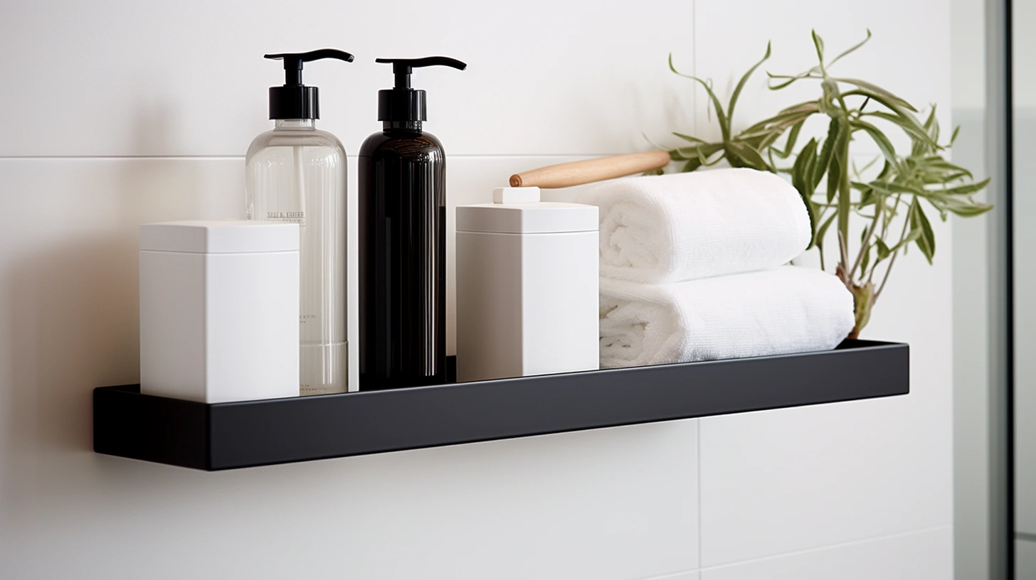 Small bathroom counter decorating ideas: a bathroom shelf with soaps and towels hanging on it.