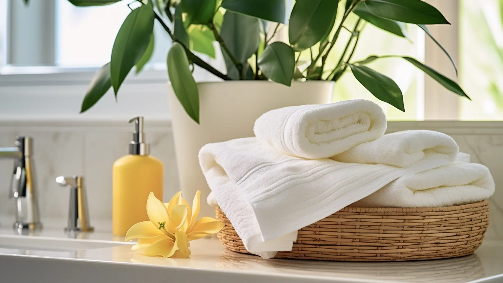 Small bathroom counter decorating ideas: a wicker basket filled with towels and a plant.