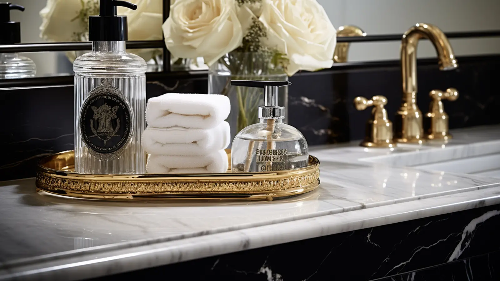 Small bathroom counter decorating ideas: a black and gold bathroom with a gold tray.