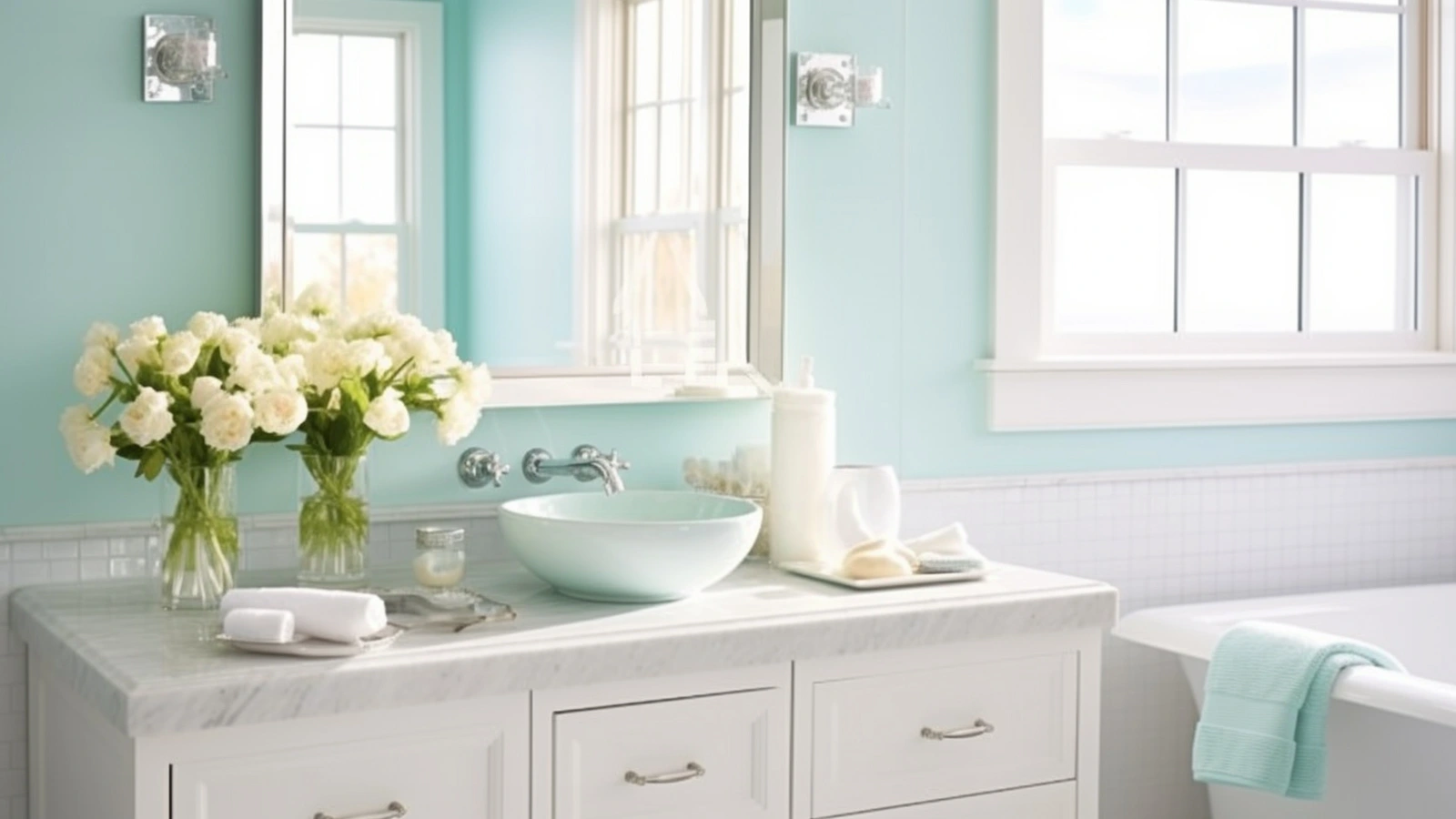 Small bathroom counter decorating ideas: a bathroom with blue and white walls and a white sink.